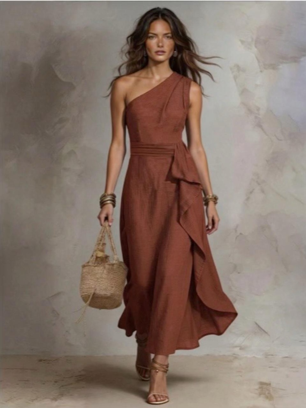 One-Shoulder “Rust Brown” Women’s Midi Dress with Side Ruffle